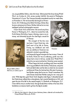 Page from a personal history hardcover book bound in cloth with gold foil stamped lettering. Page from a personal history hardcover book bound in cloth with gold foil stamped lettering.