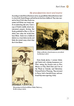 Page from a personal history hardcover book bound in cloth with gold foil stamped lettering. Page from a personal history hardcover book bound in cloth with gold foil stamped lettering.